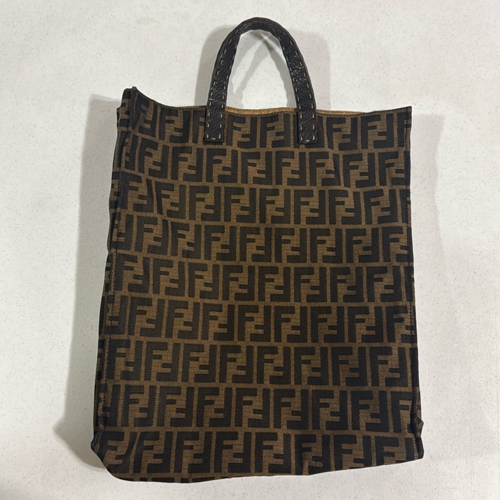 FENDI Zucca Tote FF Monogram Brown Vertical Canvas Satchel Bag Authentic - Picture 2 of 16